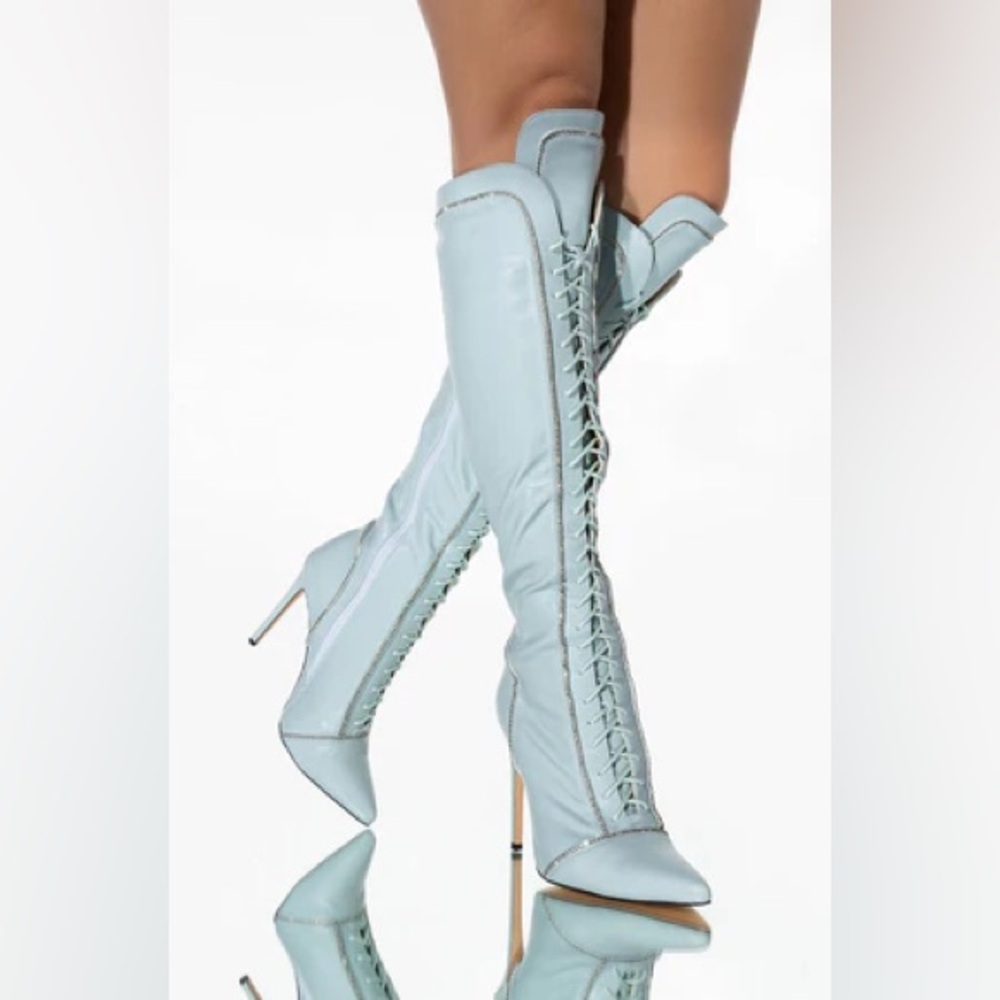Azalea Wang Lace-Up Rhinestone Knee-High Boots